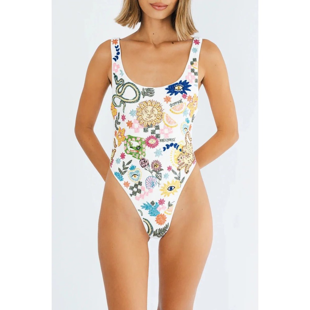 $498 Oceanus The Label‎ Sunny Snake White Beaded One Piece Swimsuit SW018 L NEW